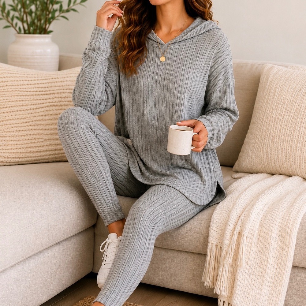 Rib Knit Lounge 2 Piece Set Gray Hooded Tunic Top Leggings XL Cozy Soft Stretch